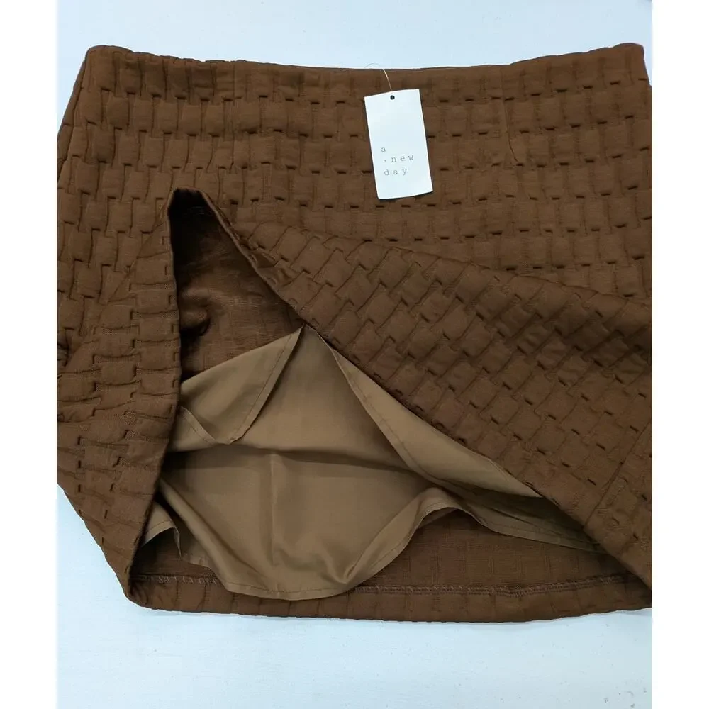 A New Day Brown Textured Mini Skirt Size 14 Lined High Waist NWT